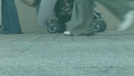animation of mathematical equations overlaying person walking on tiled school floor