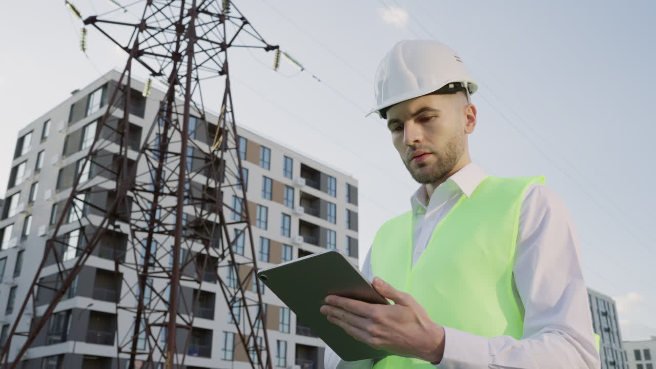 Engineer with tablet inspecting an area with power lines and buildings