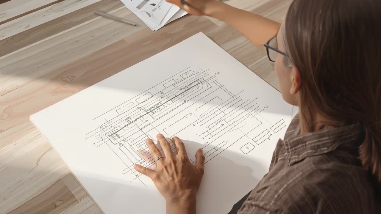 Placing hand, drafter wearing glasses tracing drawing on wood desk with pencil, prints, copy space