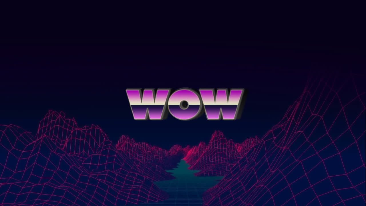 금속 빛나는 보라색 글자로 쓰여진 wow 단어의 애니메이션