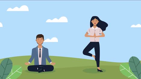 business persons practicing yoga characters