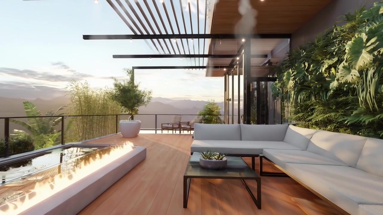 Modern Outdoor Terrace with Fire Pit and Mountain View