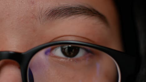 close up to the asian woman eye while wearing eye glasses