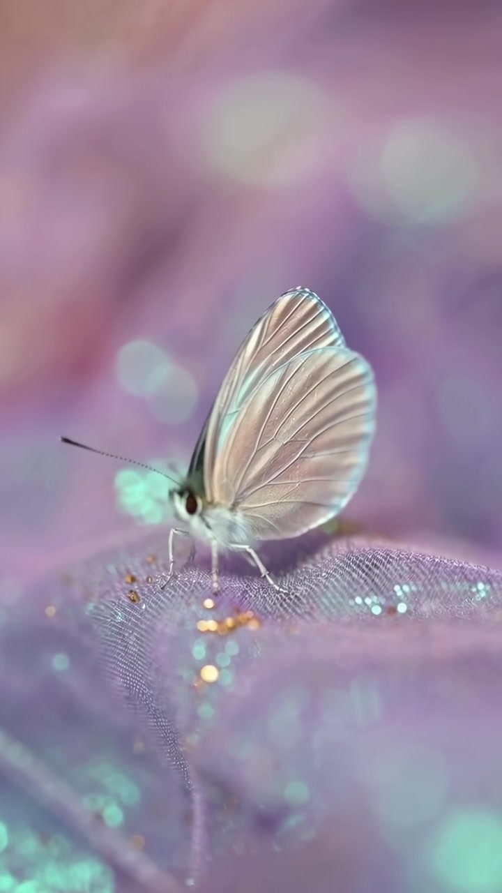 Una delicata farfalla bianca posata su un tessuto viola scintillante