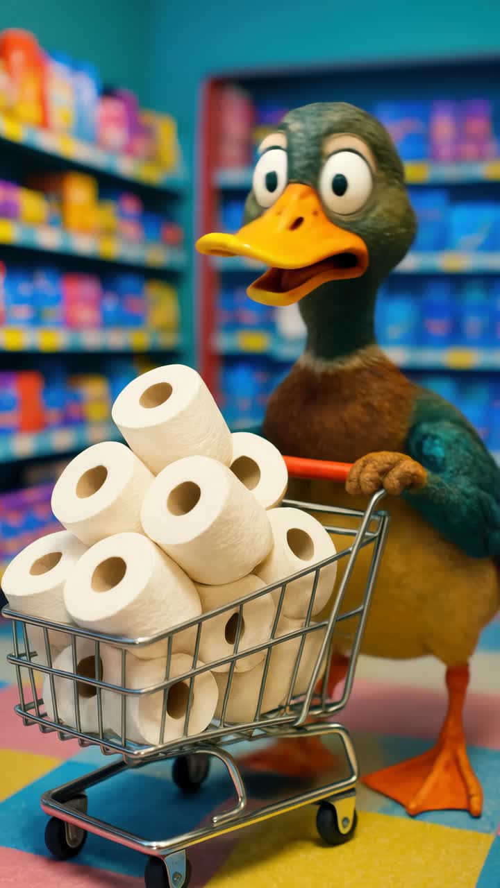 A whimsical video concept featuring a duck with a shopping cart full of toilet paper rolls