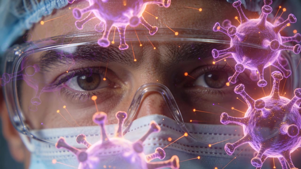 Dr holding gaze monitoring viral risk in lab, holograms approaching, goggles mask cap showing nodes