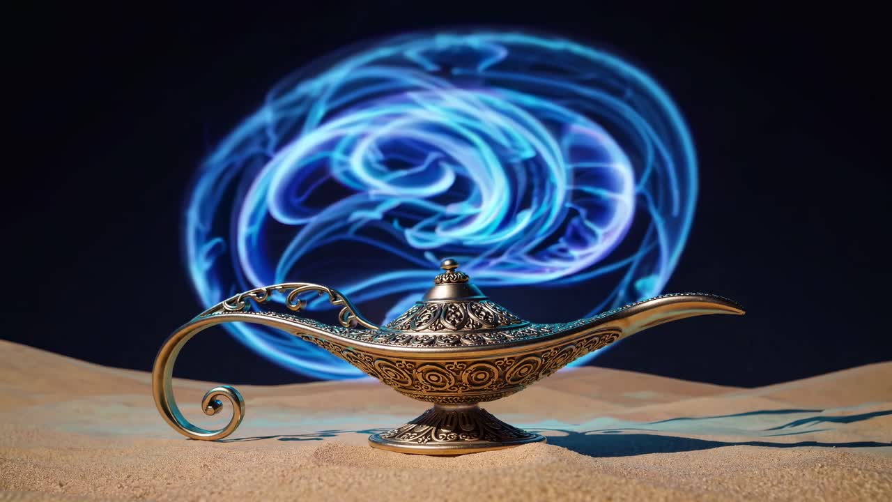A low-angle shot of an ornate lamp on sand with swirling blue light patterns in the background