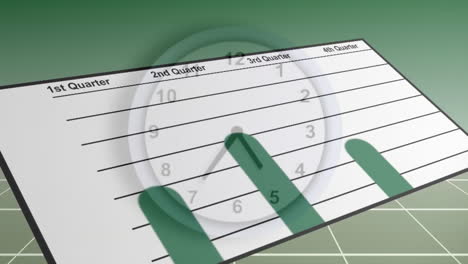 animating clock over quarterly financial chart with green bars in presentation