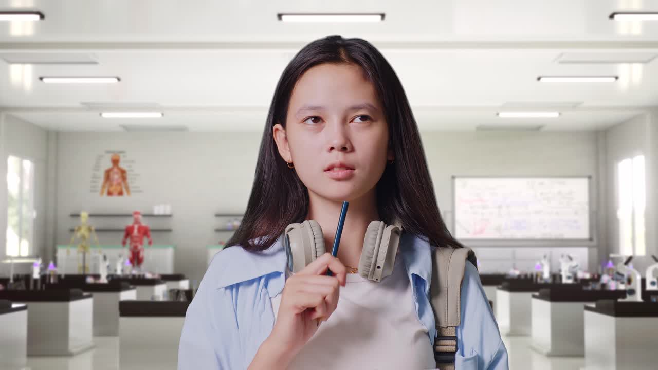 primer plano de una estudiante adolescente asiática con una mochila tomando notas en un cuaderno y pensando luego levantando su dedo índice mientras estaba de pie en el laboratorio de ciencias