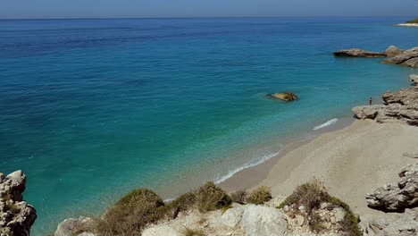 Idyllic-Serenity-of-a-Secret-Beach-on-the-Albanian-Shore,-Surrounded-by-Cliffs,-a-Coastal-Gem-Unveiled