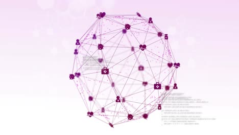 Animation-of-turning-globe-of-connected-purple-icons-and-data-processing-on-white-and-pale-purple