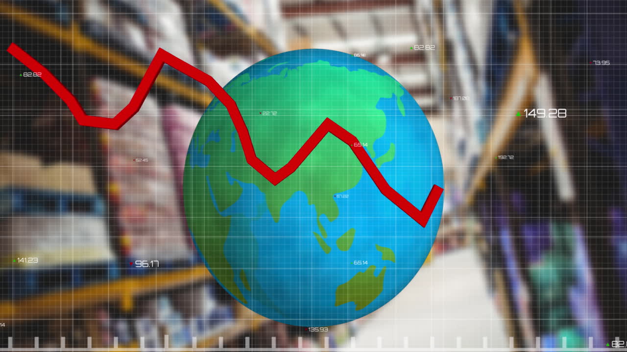Animazione di elaborazione linea rossa con globo su magazzino