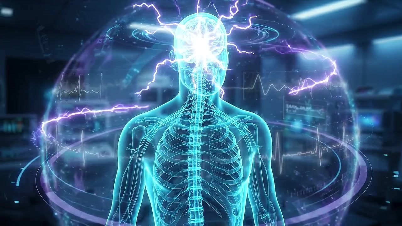 Holographic human figure surrounded by circular medical data interface