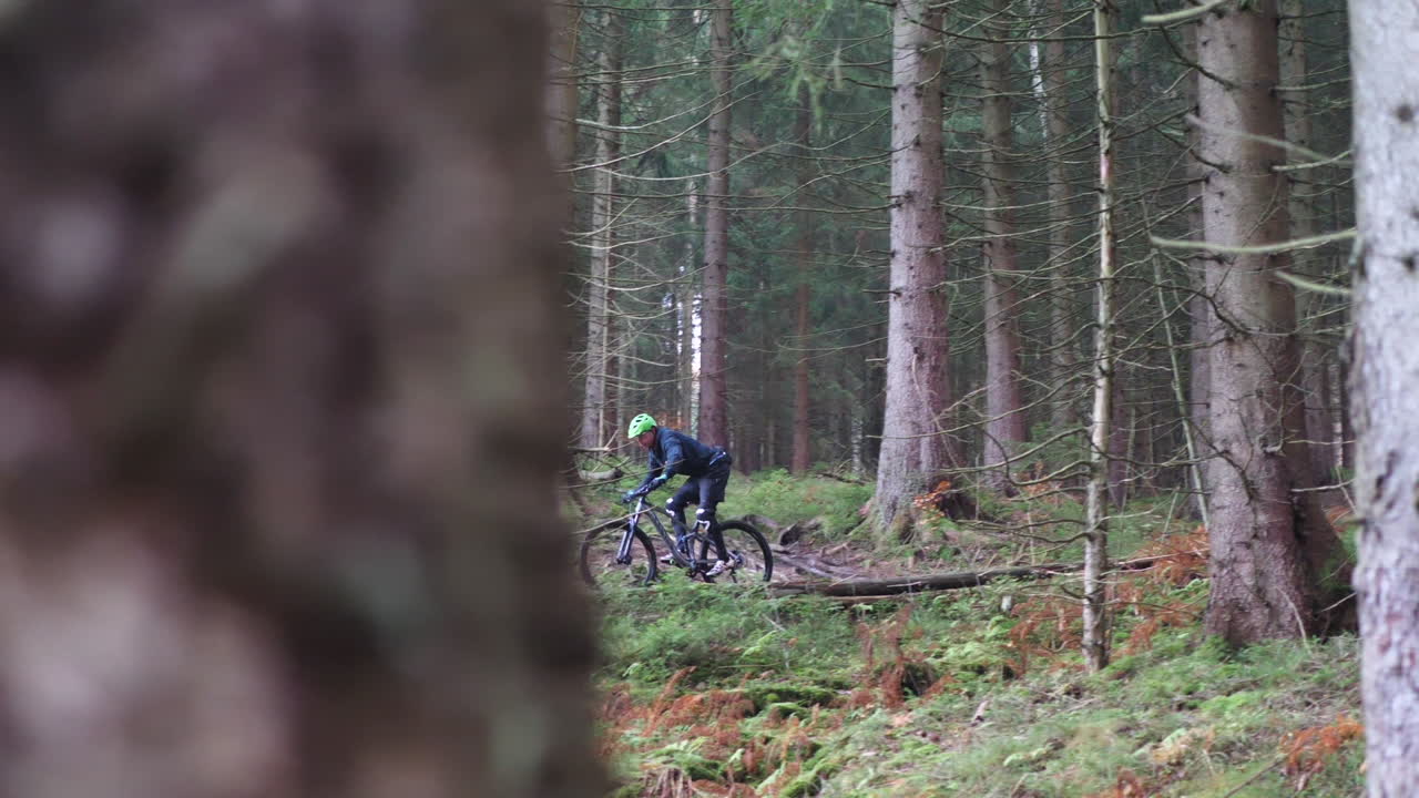 ciclista de montaña solitario montando bicicleta entre bosques en el húmedo día de otoño