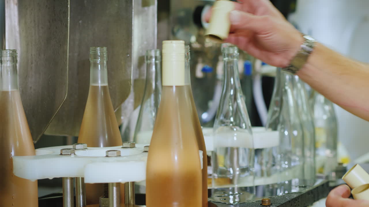 작업자가 장비 작업을 모니터링하는 배경에 장미 와인 병이 있는 컨베이어