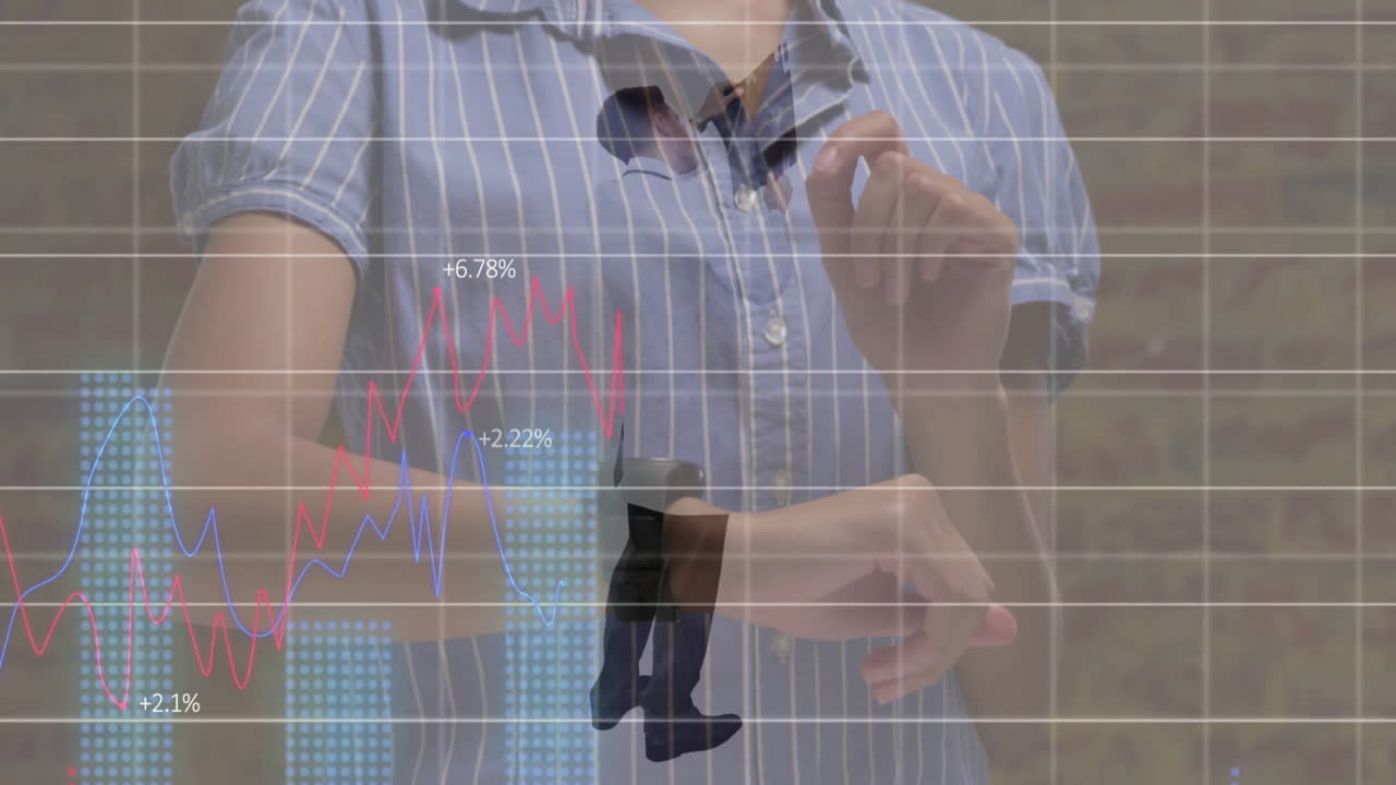 Man adjusting smartwatch indoors, showing floating finance charts with line graphs and stats