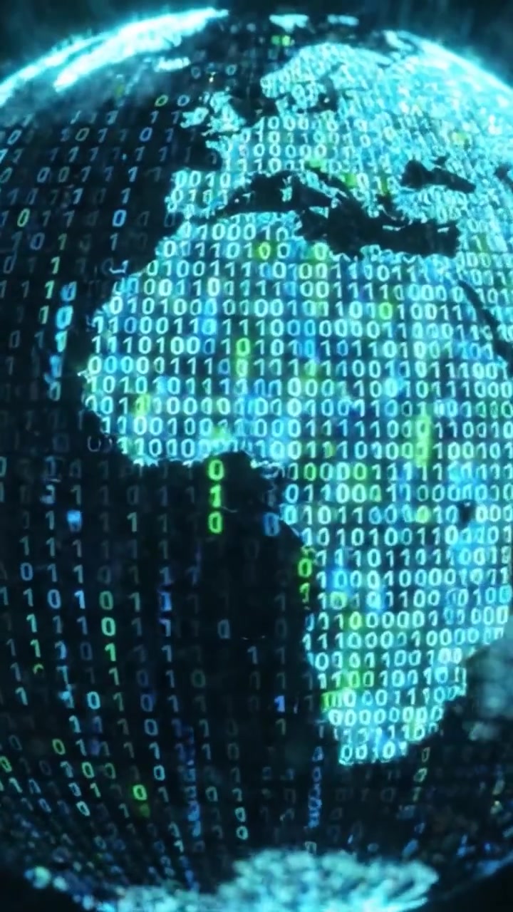 A Digital Representation of Earth: Showcasing the Continents Enhanced with Binary Code Imagery to Illustrate the Fusion of Geography and Technology in the Global Network