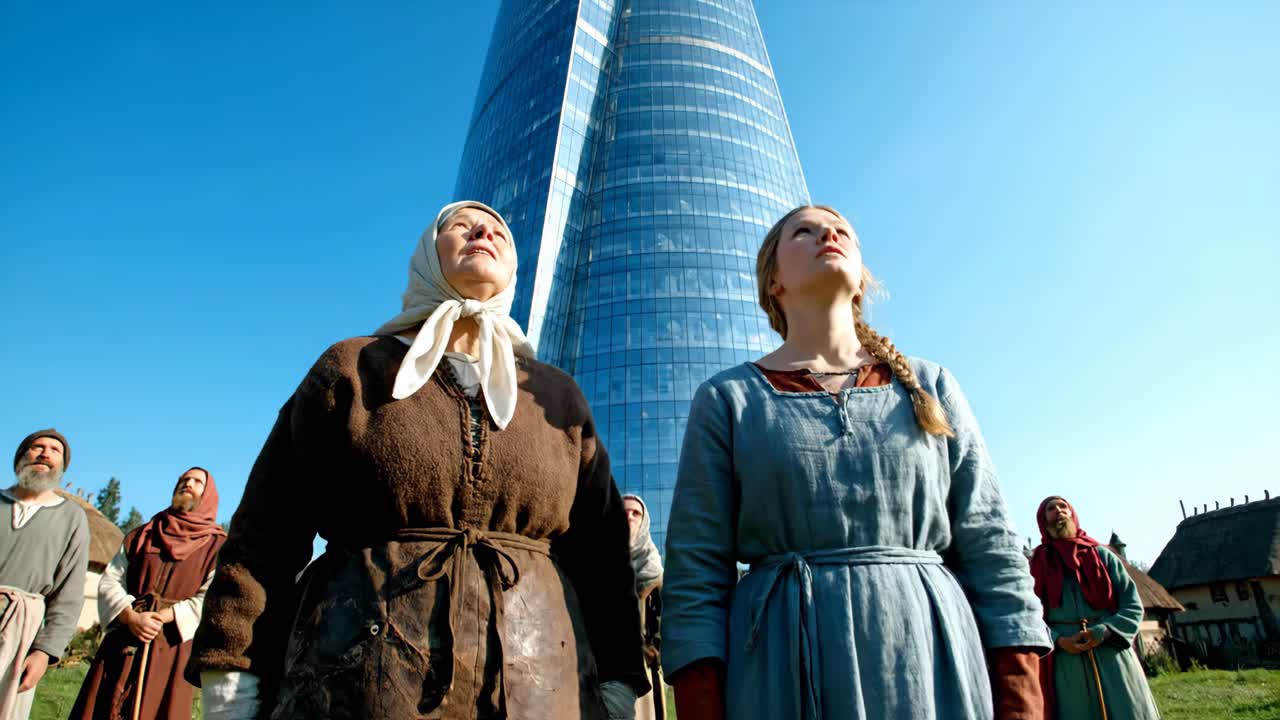 Modern Skyscraper Juxtaposed with People in Historical Clothing