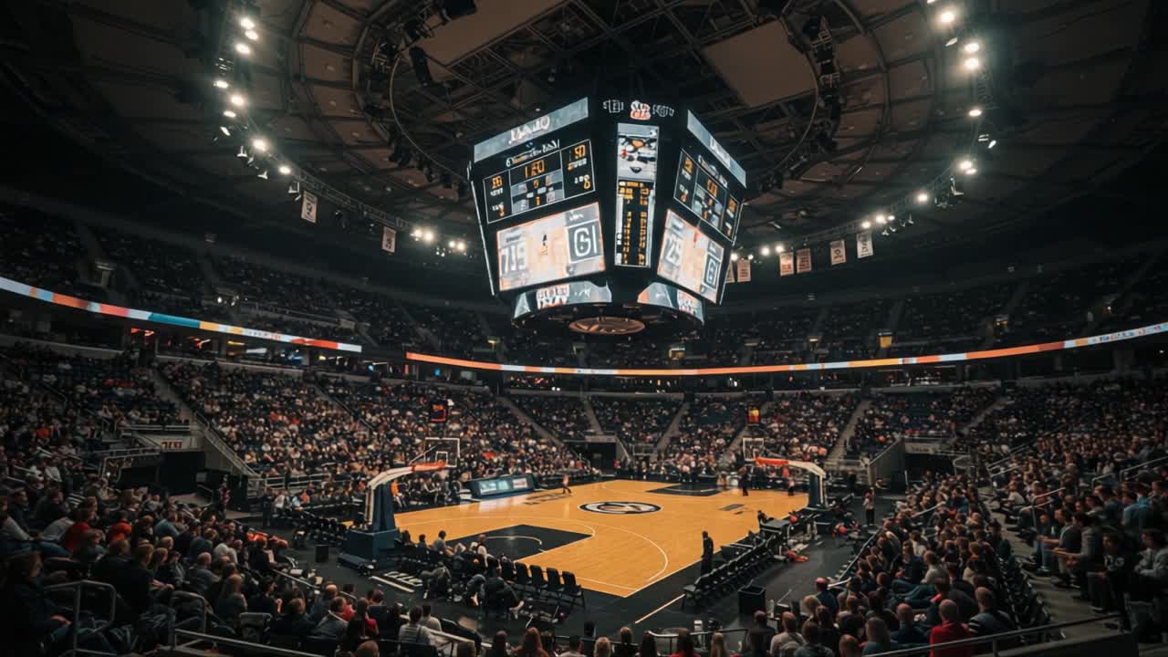 A Captivating Basketball Game in a Packed Arena Featuring Energetic Fans, Bright Lights, and a Thrilling Atmosphere as Players Compete for Victory and Glory