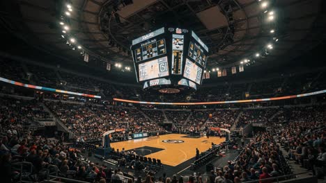 a captivating basketball game in a packed arena featuring energetic fans, bright lights, and a thrilling atmosphere as players compete for victory and glory