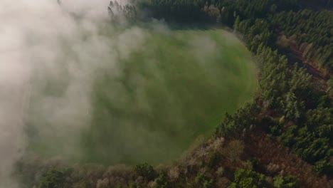 aerial view of green water lakes in the middle of a dense forest