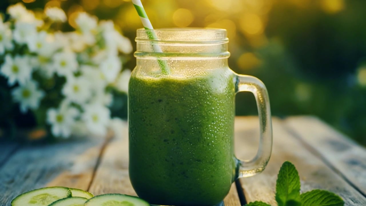 Smoothie verde rinfrescante in un barattolo di vetro su un tavolo di legno