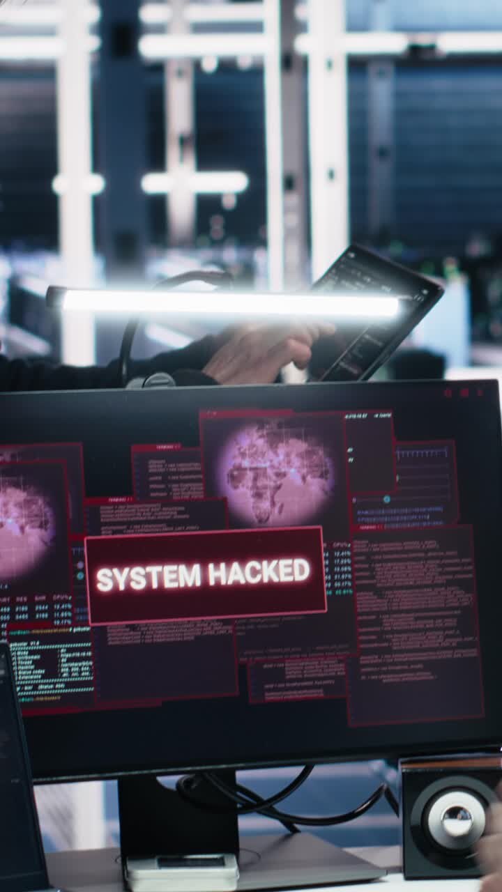 Video verticale Ingegneri in un hub di server IA allertati da un incidente di hacking