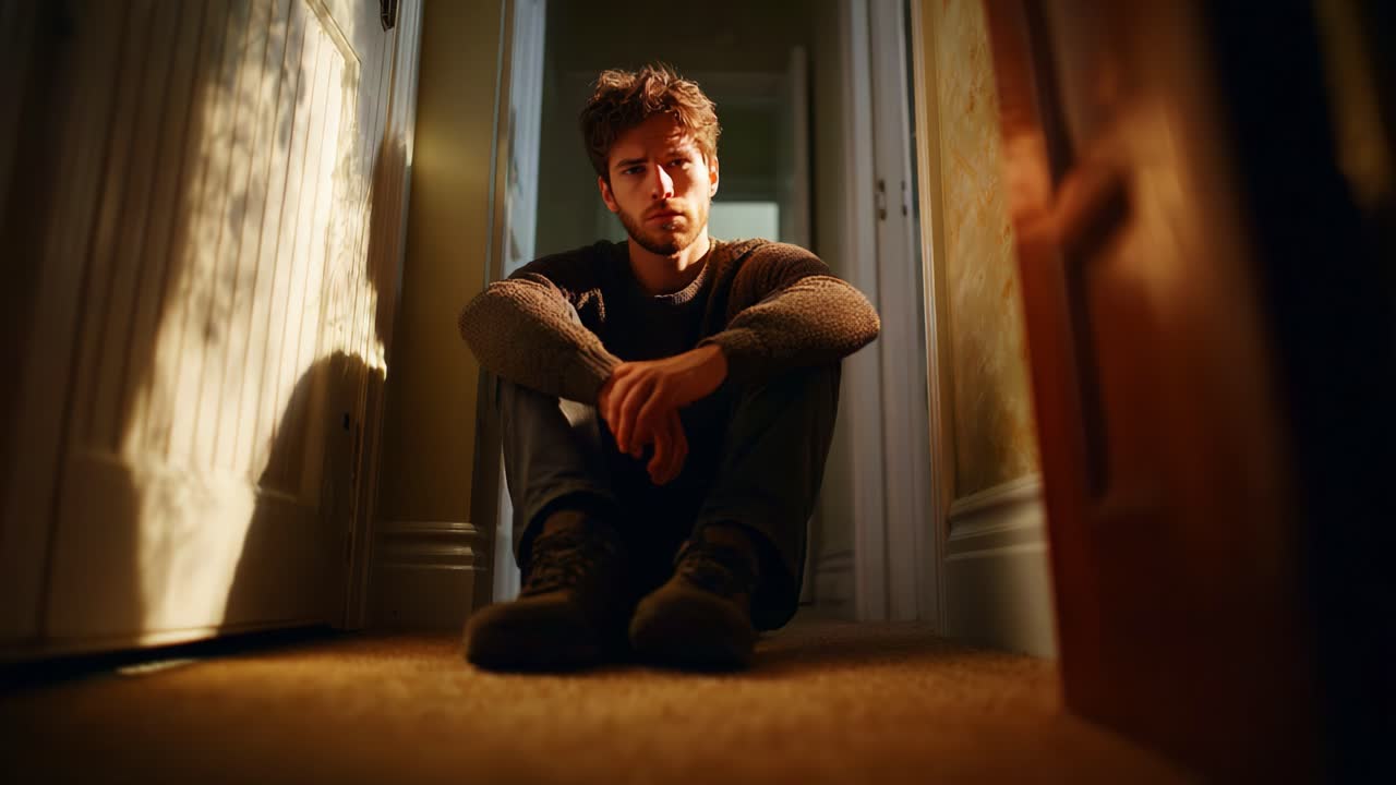 Um momento de reflexão: um jovem senta-se calmamente em um corredor com pouca luz, perdido em pensamentos e cercado pelos cantos sombrios de sua casa
