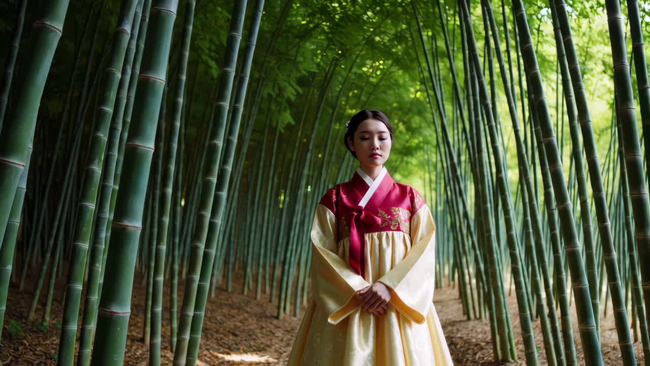 Woman in Hanbok in a Bamboo Forest