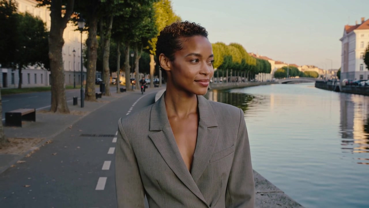 Donna che cammina con un blazer grigio sul sentiero di un canale, la telecamera si avvicina, mentre lei gira la testa verso l'acqua.