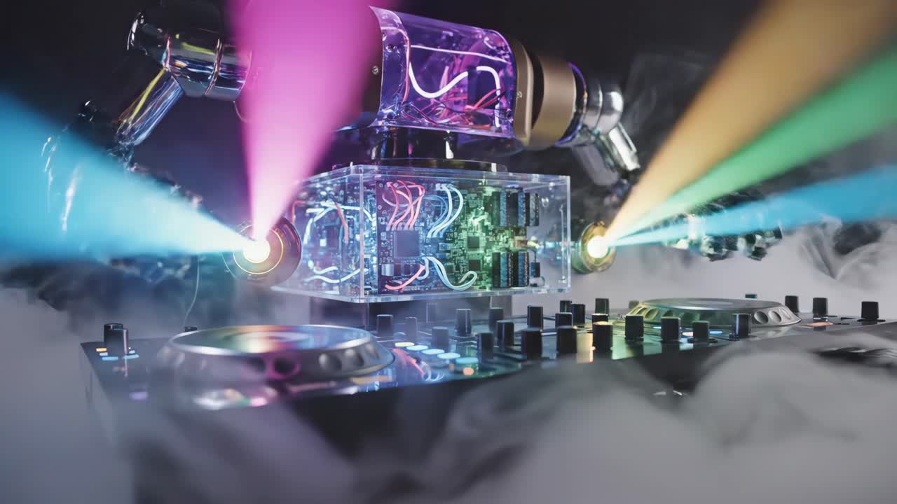 Futuristic DJ Equipment with Robot Arms and Colorful Lights