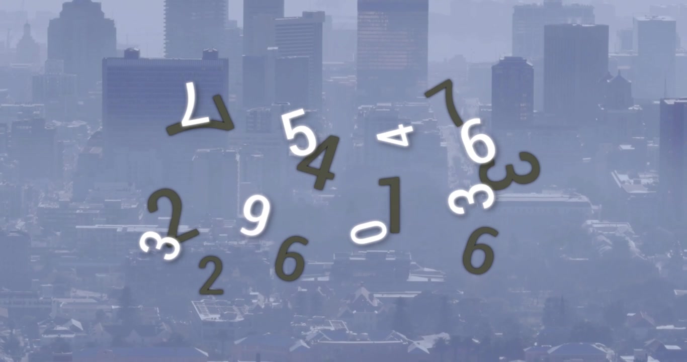 All'inizio, un cluster di cifre che appare, ruotando, cadendo, spostandosi su uno skyline sfocato per un overlay di dati