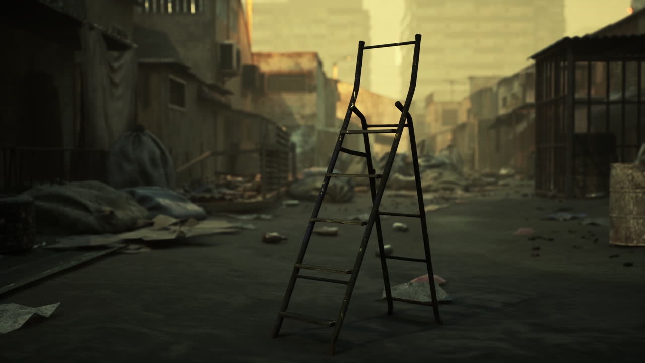 callejón abandonado con escalera oxidada