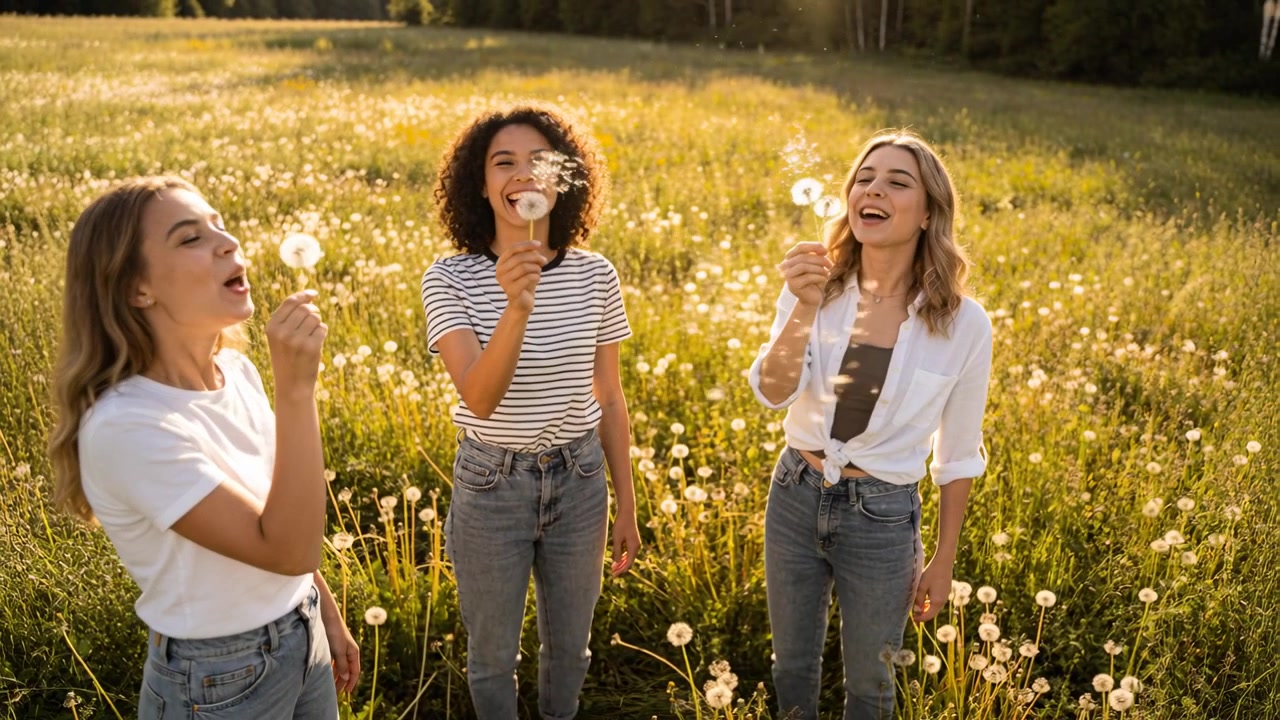 Drei Freunde lächeln und pusten Löwenzahn, dessen Samen über eine sonnenbeschienene Wiese fliegen, sie tragen Jeans.