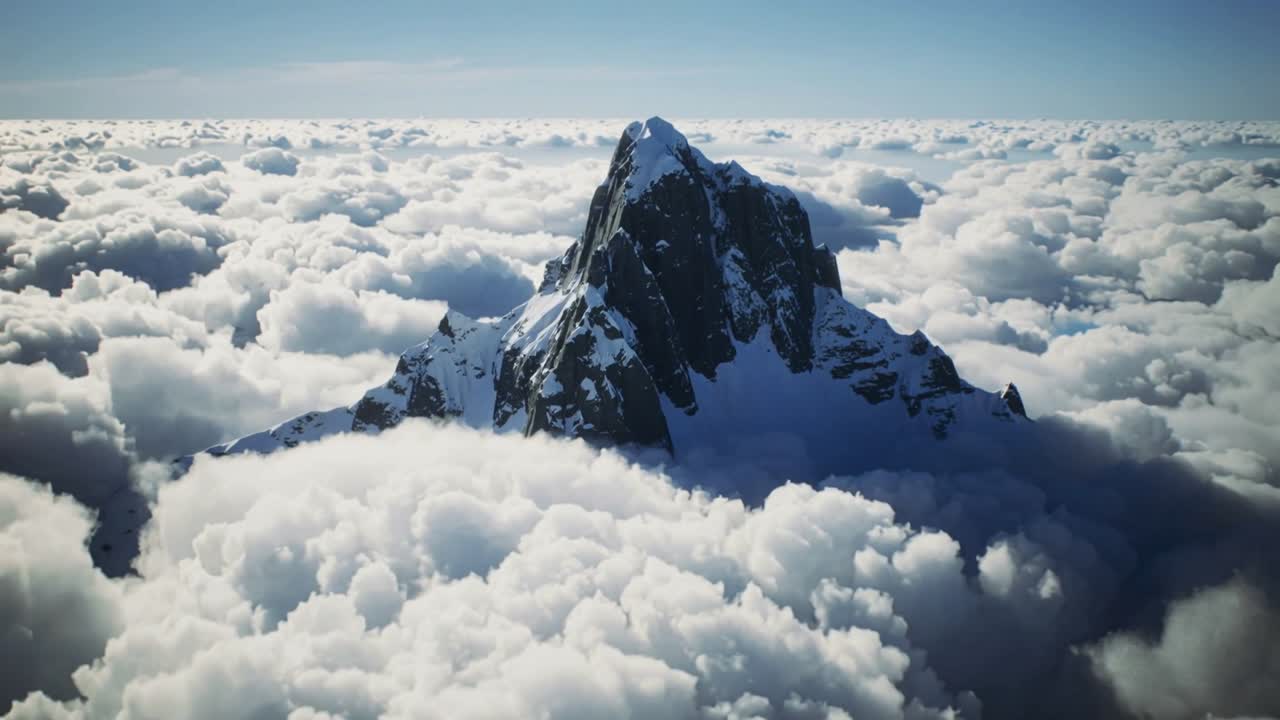 Câmera subindo e recuando sobre um manto de nuvens alpinas, revelando um pico de montanha irregular coberto de neve.
