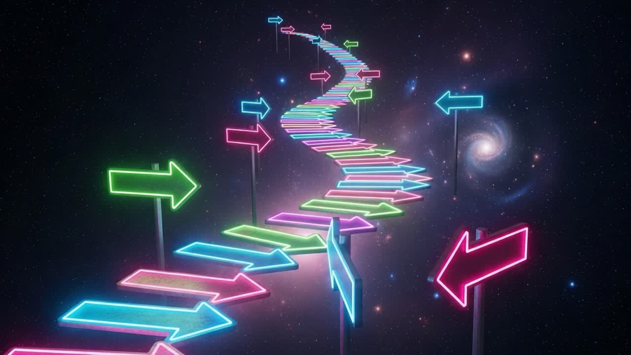 A Vibrant Journey Through the Cosmic Pathway of Neon Arrows, Guiding the Way Amongst Celestial Wonders in a Starry Universe