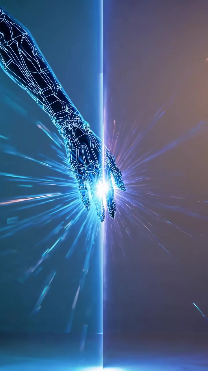 Digital Wireframe Hand Interacting with Energy Burst