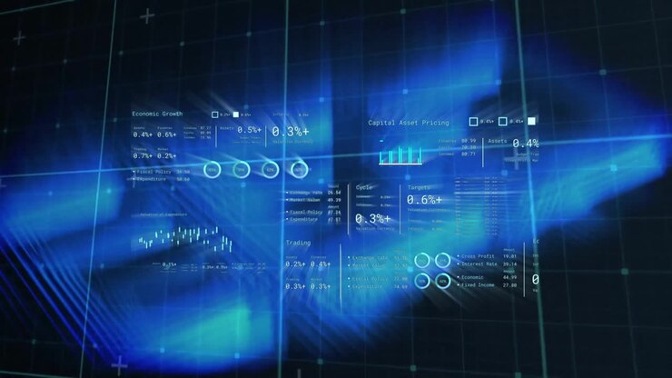 Animation of data processing over dark background