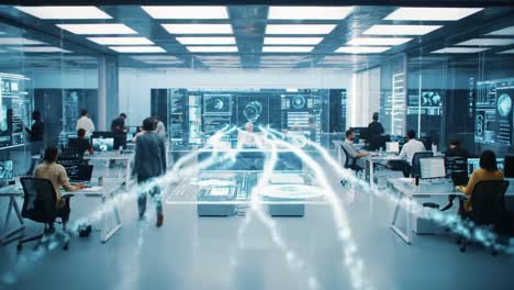 modern tech office with virtual data streams