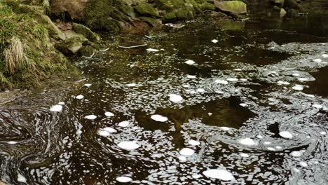 Zeitraffer-Von-Wirbelnden-Blasen-Aus-Weißem-Schaum,-Die-In-Einem-Sich-Ständig-ändernden-Muster-Organischer-Formen-Auf-Der-Wasseroberfläche-Eines-Schottischen-Flusses-Treiben-Und-Schwimmen