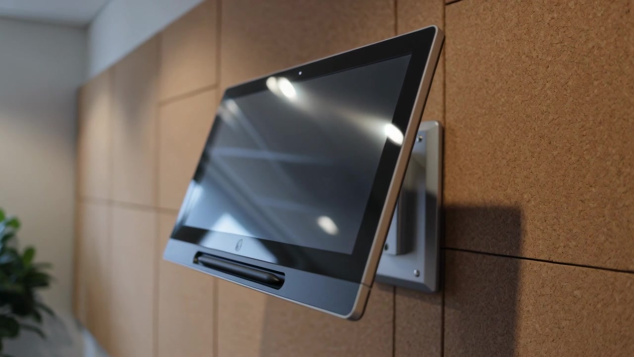 Touchscreen montato e rotante che si orienta dopo un tocco manuale su una staffa metallica, in un ufficio con pannelli di sughero.