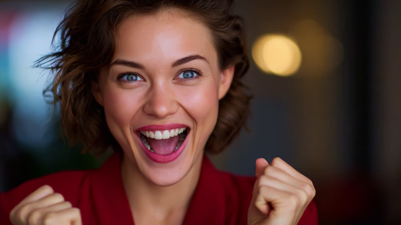 Donna gioiosa che festeggia con entusiasmo mentre esprime felicità, irradiando positività ed energia in tutti i fotogrammi del video