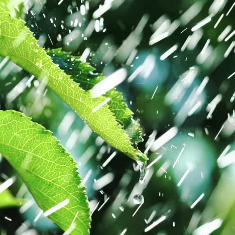 Heavy rain falling on leaves. Garden Irrigation. Slow motion.