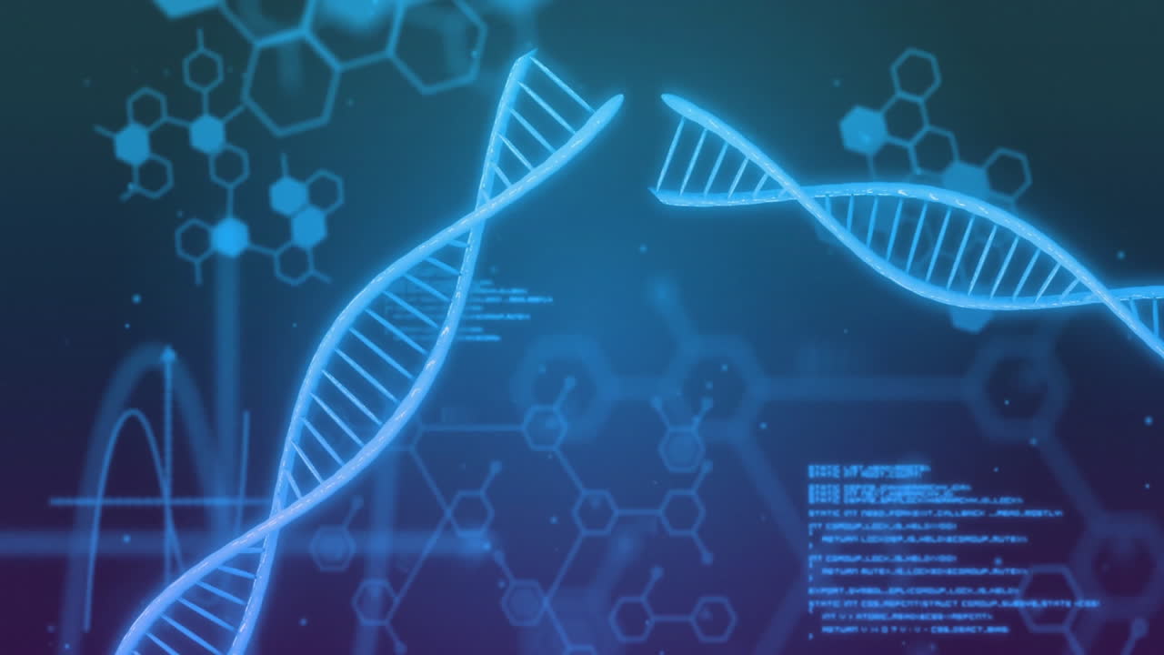 Animation of dna strands and data processing on blue background