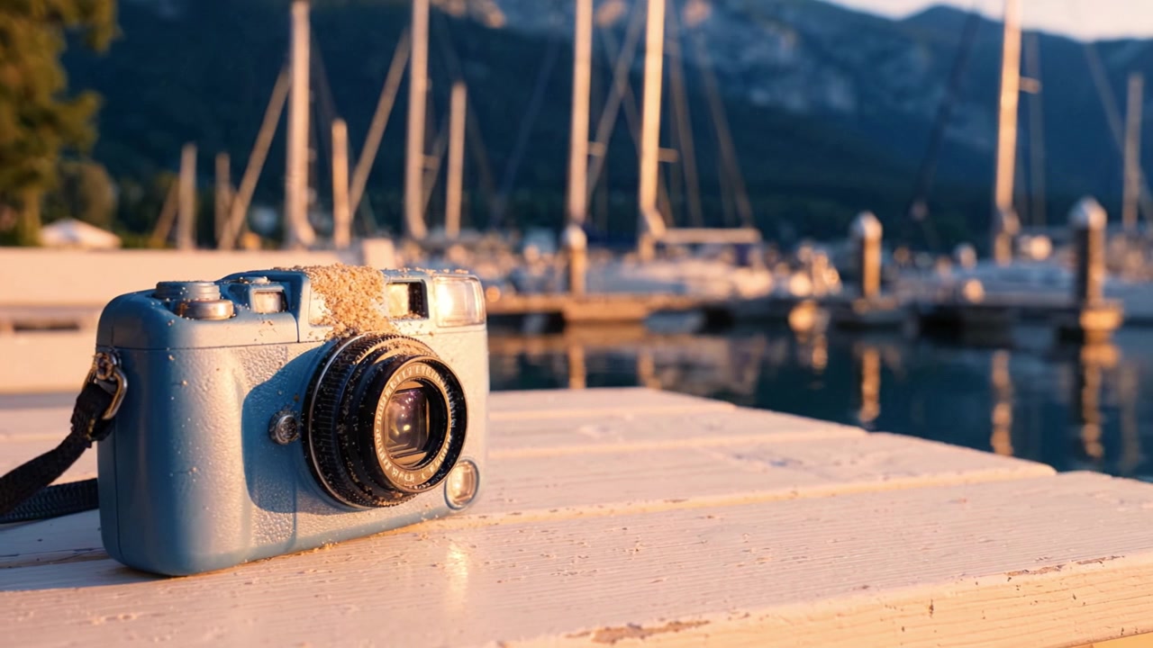 Uma Câmera Vintage Capturada em uma Marina Serena ao Pôr do Sol, Rodeada por Barcos Ancorados e Refletindo a Luz na Água, Perfeita para Entusiastas da Fotografia