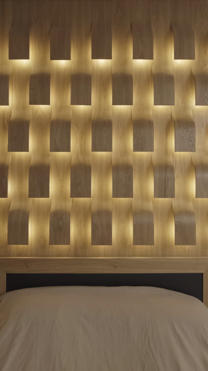 Modern Bedroom with Wooden Wall Paneling and Accent Lighting