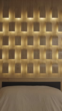 modern bedroom with wooden wall paneling and accent lighting
