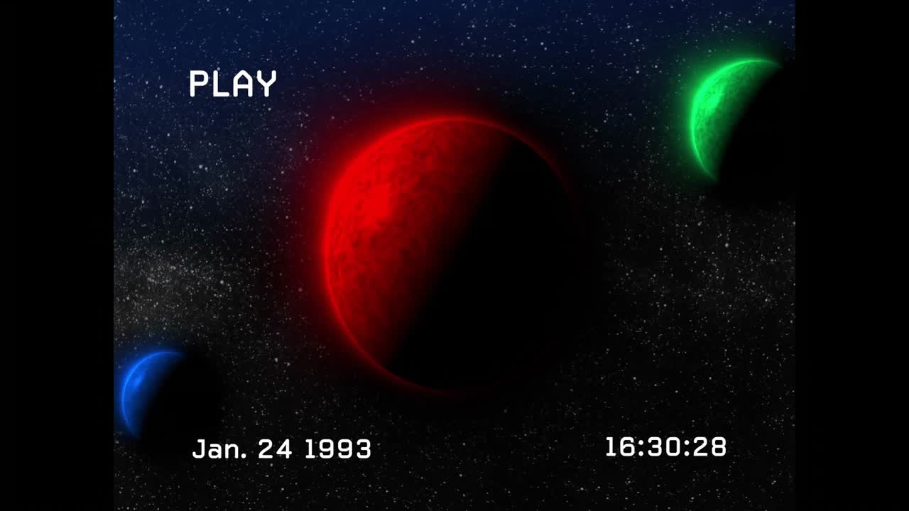 VHS playback at 16:30 showing glitch flickering on planets with timecode updating for vintage look
