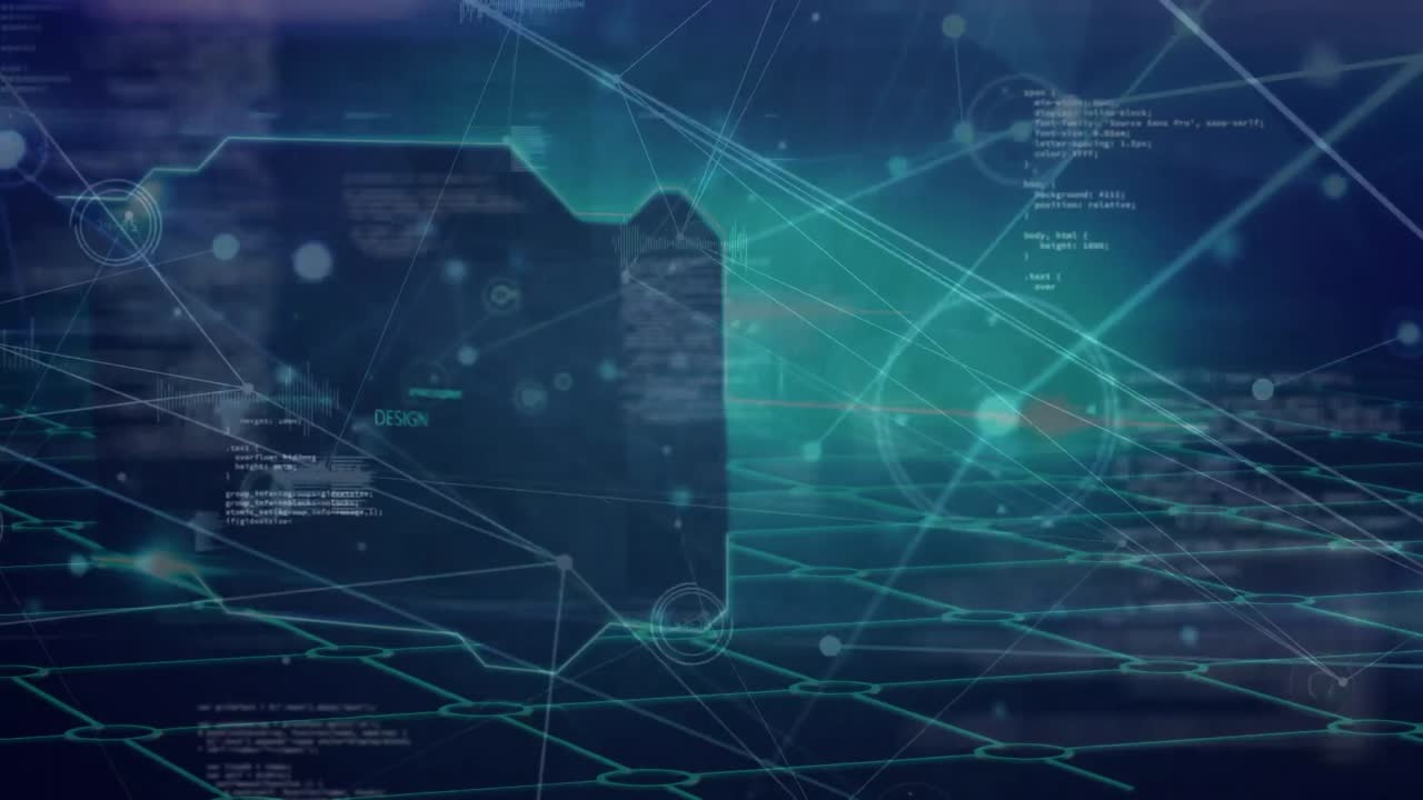 Animation of data processing, network of connections with icons and grid