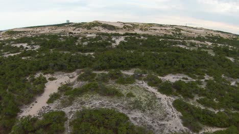 Malerische-Luftaufnahme-Der-Landschaft-Mit-üppigem-Grünen-Laub,-Weißen-Weichen-Sanddünen-Und-Pfaden,-Die-Zum-Atlantik-Führen